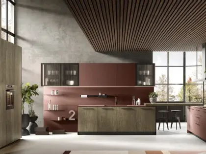 Cucina Moderna con isola College 02 in rovere yuta e fenix rosso jaipur di Moretti Cucine