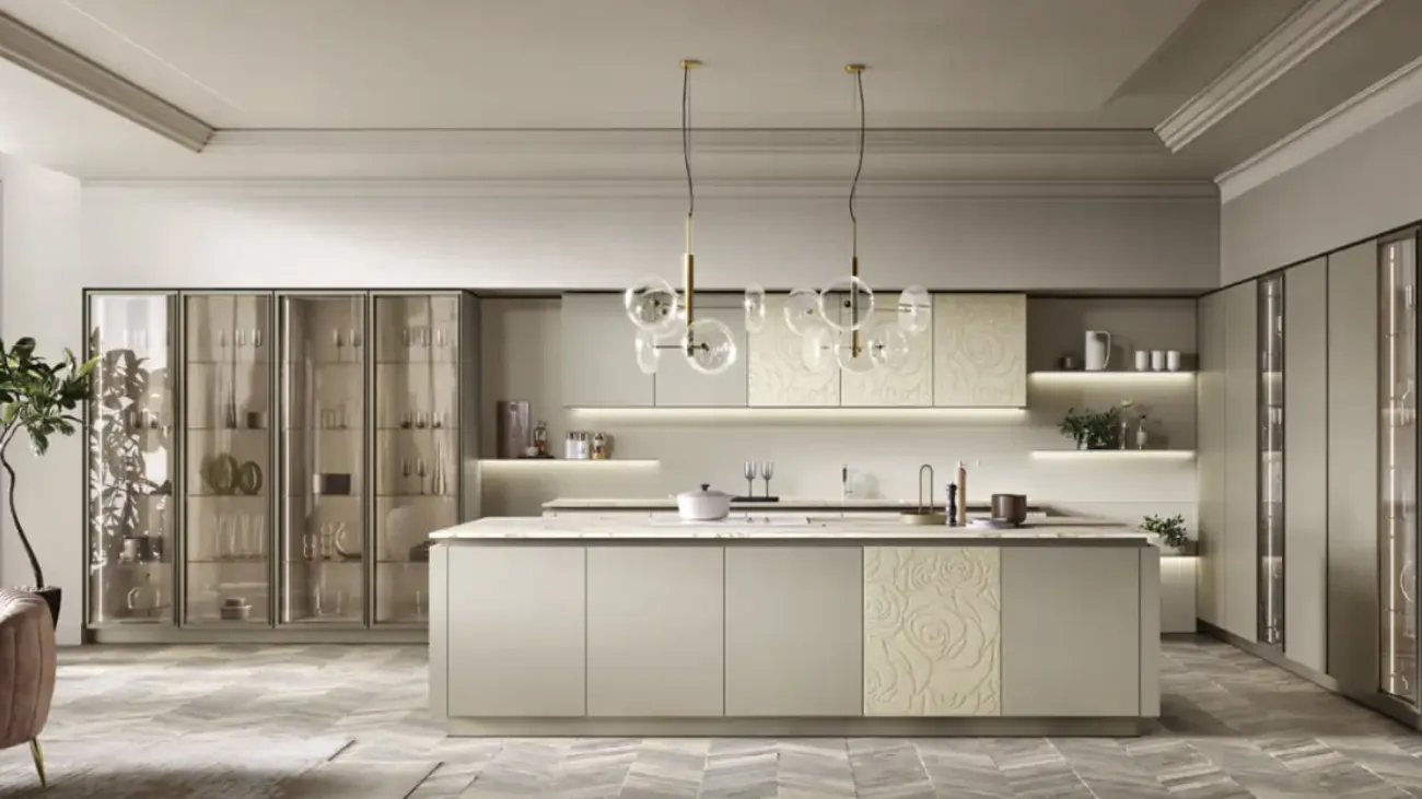 Cucina Moderna con isola Mirage 01 in laccato e malta con decoro di Moretti Cucine