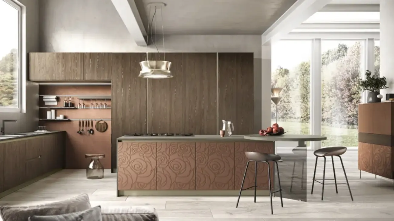 Cucina Moderna con isola Mirage 04 in melaminico rovere e malta con decoro di Moretti Cucine