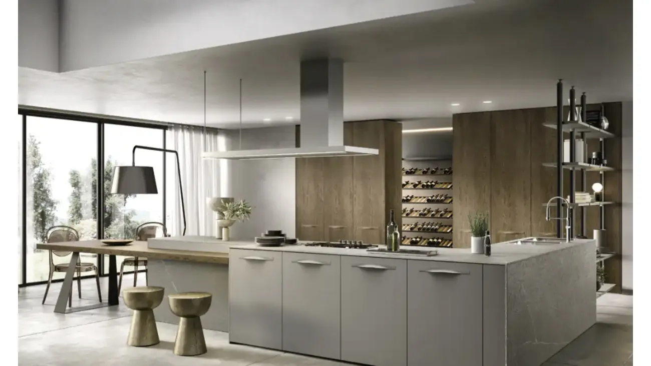 Cucina Moderna con isola Moon 01 in laccato pietra e rovere yuta di Moretti Cucine