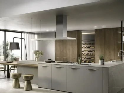 Cucina Moderna con isola Moon 01 in laccato pietra e rovere yuta di Moretti Cucine