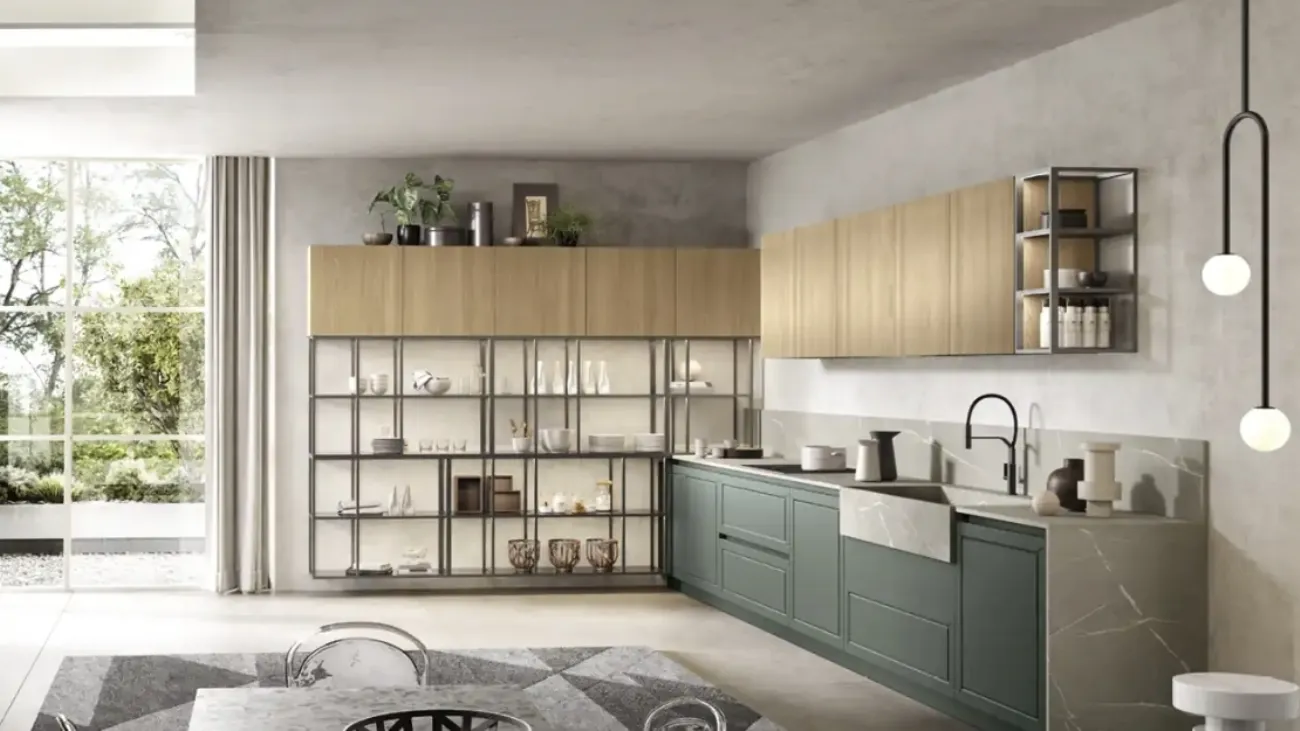 Cucina Moderna ad angolo Myriad 04 in laccato muschio e melaminico rovere miele di Moretti Cucine