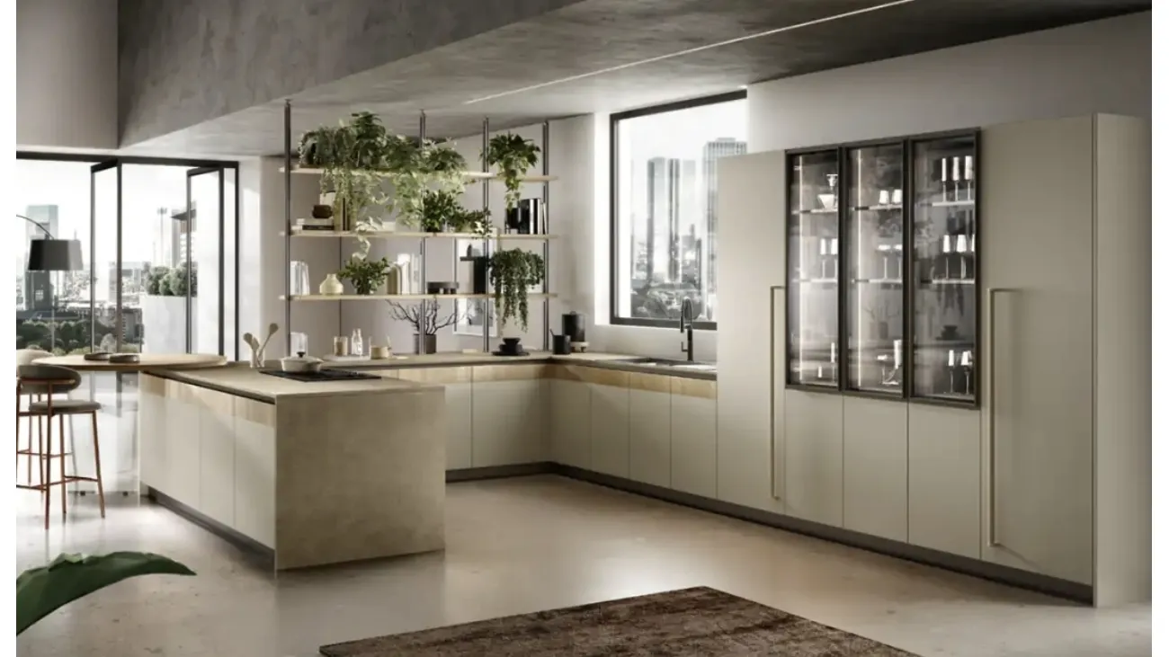 Cucina Moderna con penisola Natural 04 in laccato opaco tortora e melaminico rovere di Moretti Cucine