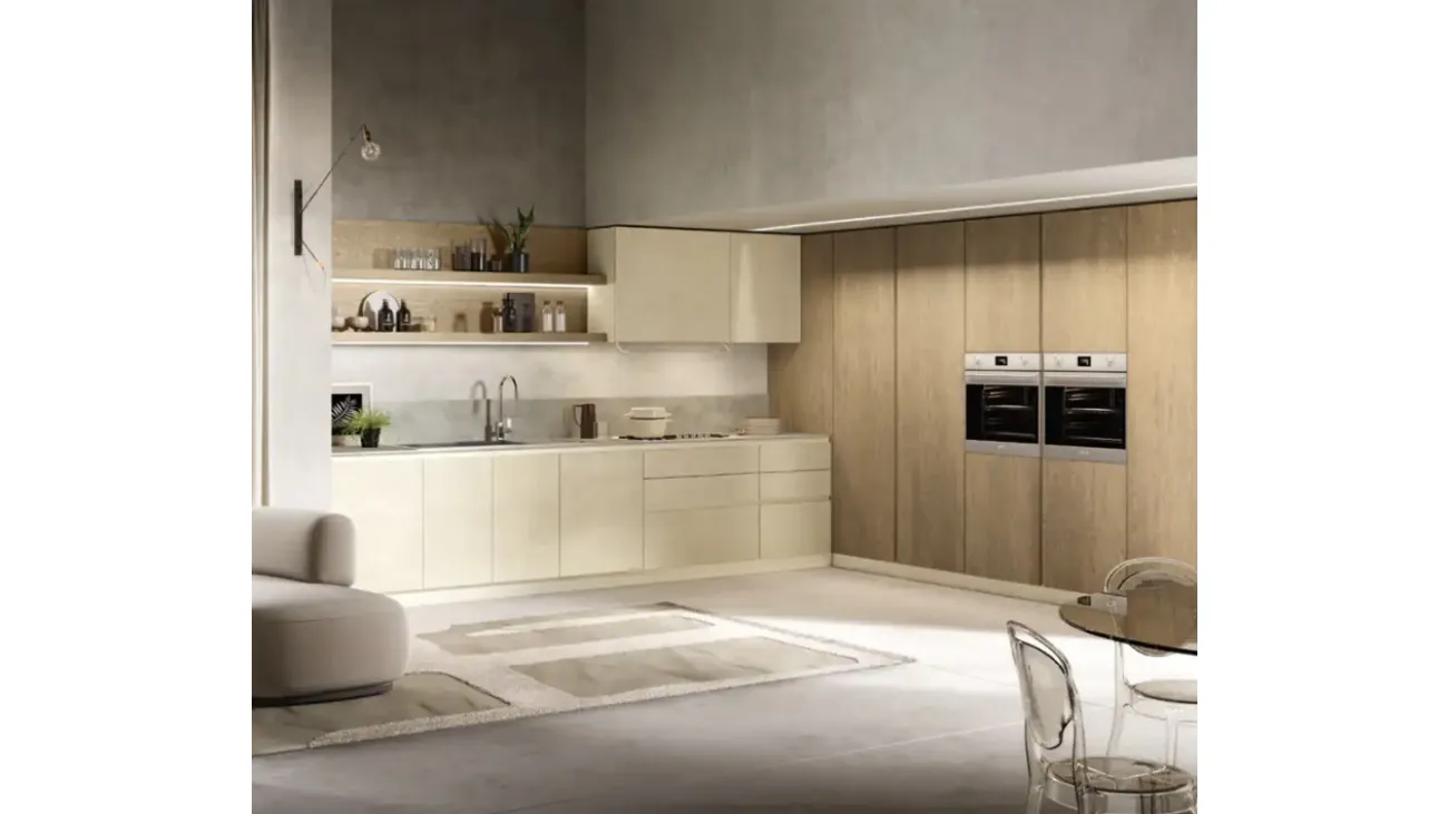 Cucina Moderna angolare Venere 03 in laccato e rovere biondo di Moretti Cucine